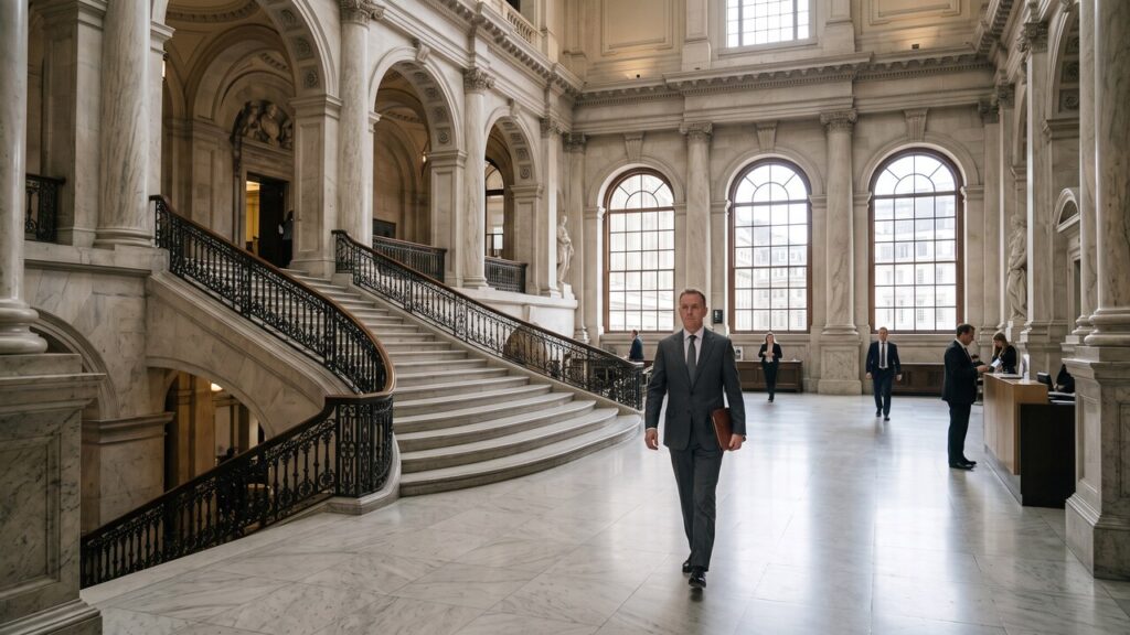 Anonieme professional loopt door de marmeren hal van een statig bankgebouw met hoge zuilen en daglicht