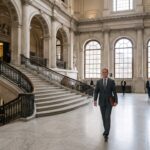 Anonieme professional loopt door de marmeren hal van een statig bankgebouw met hoge zuilen en daglicht