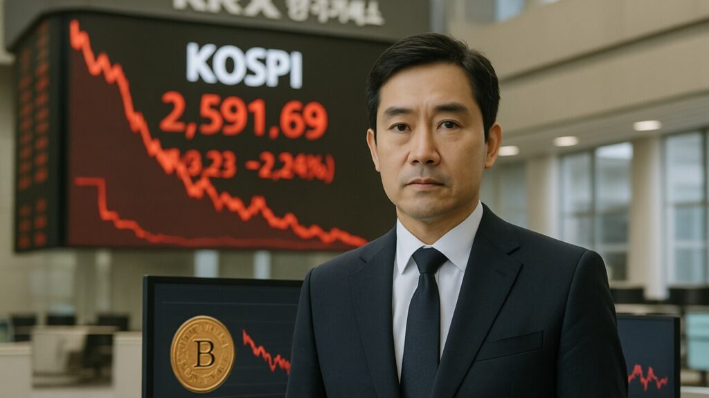 Beursmedewerker voor een rood dalend koersbord in Seoul na de val van de Kospi