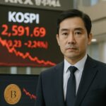 Beursmedewerker voor een rood dalend koersbord in Seoul na de val van de Kospi