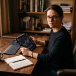Belegger aan bureau kijkt naar tablet met koersbewegingen, met koffie en notitieboek ernaast