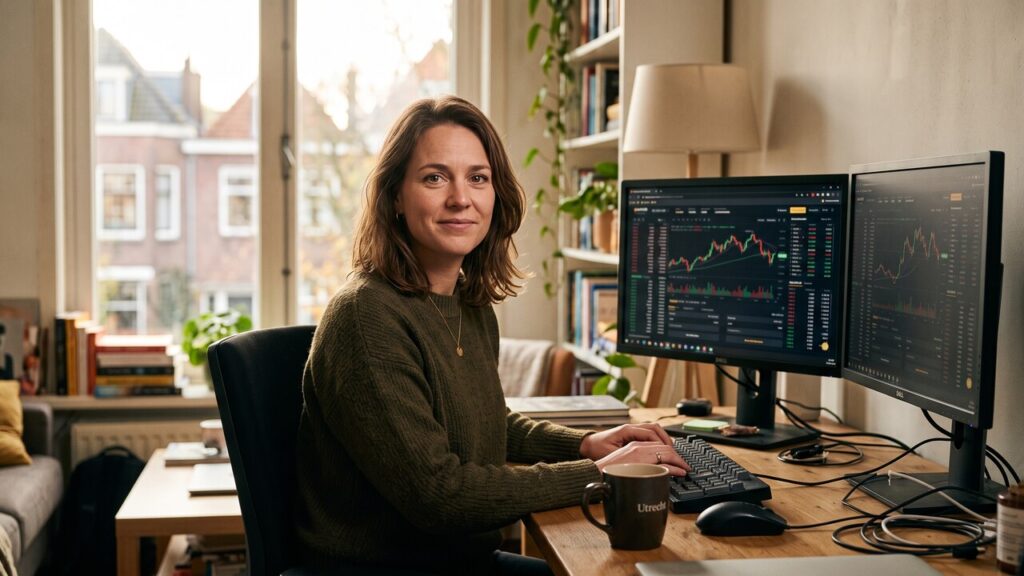 Een persoon aan een thuiswerkplek met twee schermen kijkt naar de camera, met een afwachtende blik