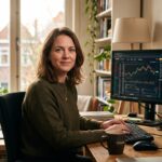 Een persoon aan een thuiswerkplek met twee schermen kijkt naar de camera, met een afwachtende blik