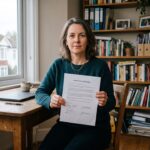 Vrouw aan een bureau houdt een ondertekend document vast en kijkt in de camera