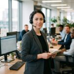 Anonieme medewerker in een modern betaalkantoor kijkt richting de camera