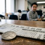 Een zilveren munt op een zakenkrant met op de achtergrond een wazig kantoor, symbool voor de XRP koers en nieuwe Ripple-deals