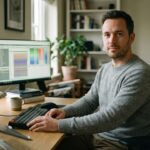 Handelaar aan bureau met meerdere schermen kijkt richting de camera terwijl hij de markt volgt