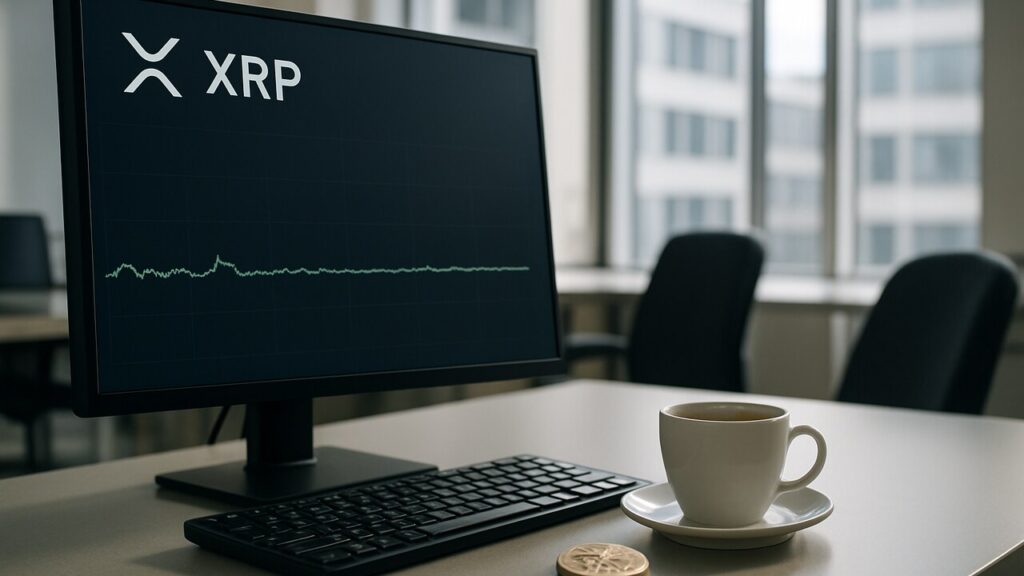 Verlaten handelsdesk met een schermgrafiek van de XRP koers die zijwaarts beweegt, met een kleine XRP-munt op het bureau