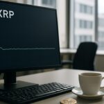 Verlaten handelsdesk met een schermgrafiek van de XRP koers die zijwaarts beweegt, met een kleine XRP-munt op het bureau