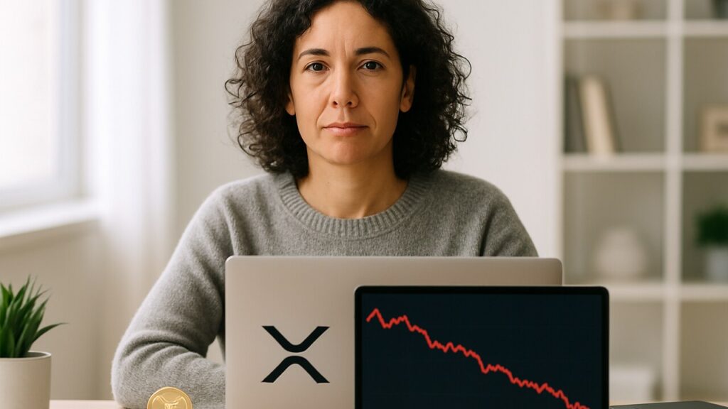 Vrouw achter laptop kijkt bedachtzaam naar een dalende XRP-koersgrafiek in daglicht