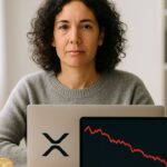 Vrouw achter laptop kijkt bedachtzaam naar een dalende XRP-koersgrafiek in daglicht