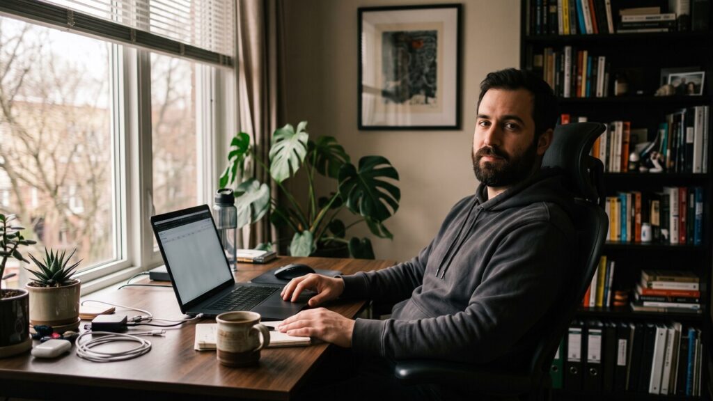 Een anonieme belegger in een hoodie kijkt richting de camera aan een rustig thuiswerkbureau met laptop en koffie
