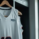 Sportshirt van een universiteitsteam in een kleedkamer, met ruimte voor een sponsorlogo