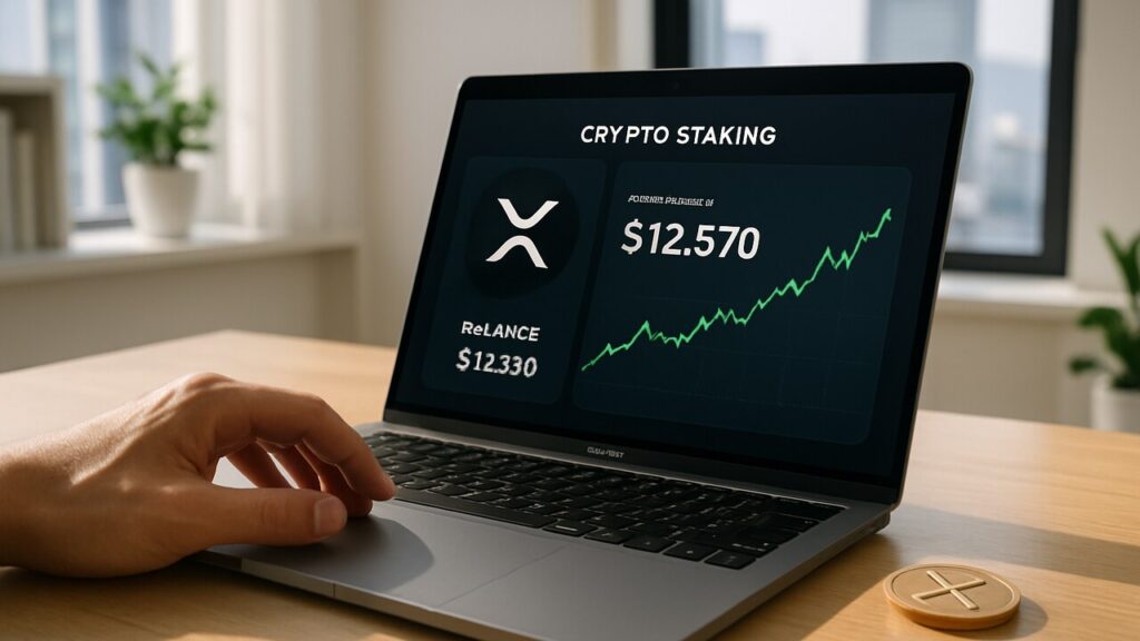 Laptop met een nep-stakingdashboard en het XRP-logo, een aarzelende hand boven het trackpad