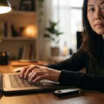 Handen typen op een laptop naast een hardware wallet in een schemerig kantoor