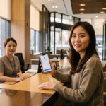 Klant met smartphone maakt een digitale betaling aan een moderne bankbalie in Seoul