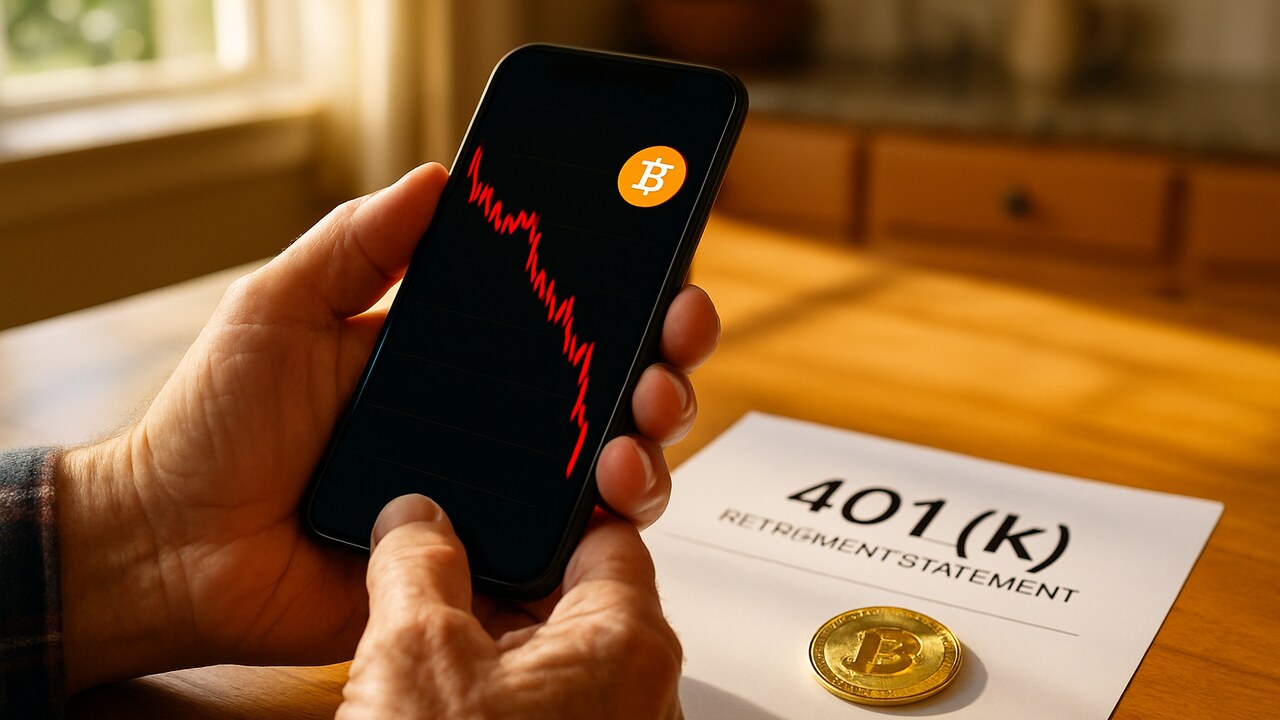 Handen van een oudere Amerikaan met een telefoon die een dalende rode Bitcoin-grafiek toont, naast een pensioenoverzicht en een fysieke Bitcoin-munt op een keukentafel