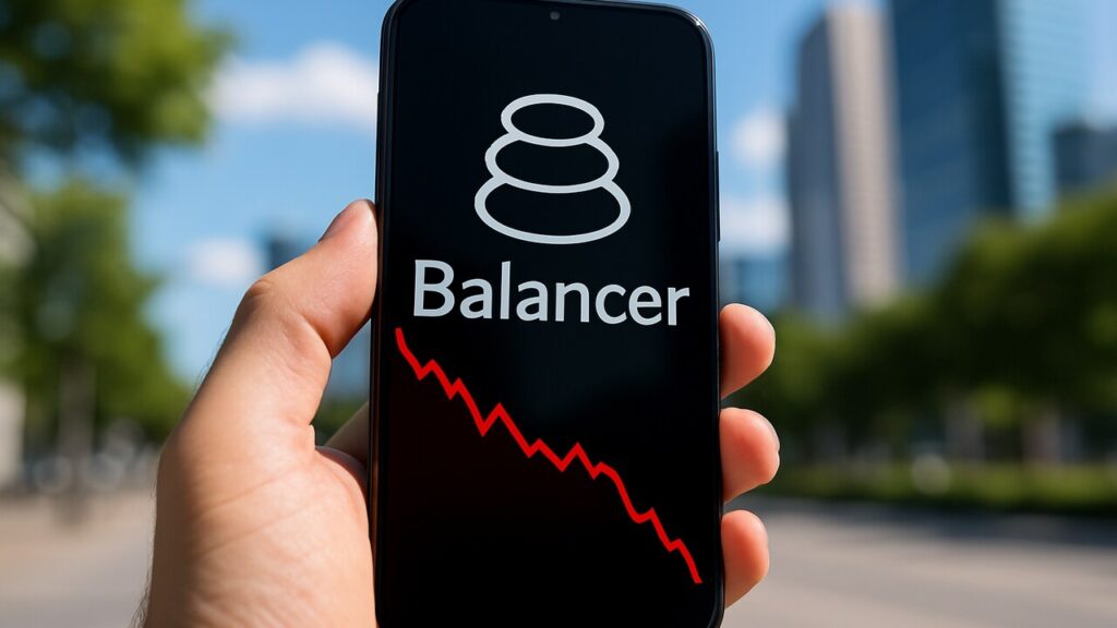 Smartphone met het Balancer-logo en een rode dalende grafiek, symbool voor de hack van de V1-pool