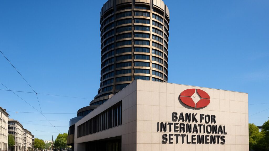 Het ronde hoofdkantoor van de Bank for International Settlements in Basel bij helder daglicht