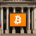 Beursgebouw van buiten met groot Bitcoin-logo op een banner en meerdere nationale vlaggen, symbool voor wereldwijde ETF-vraag
