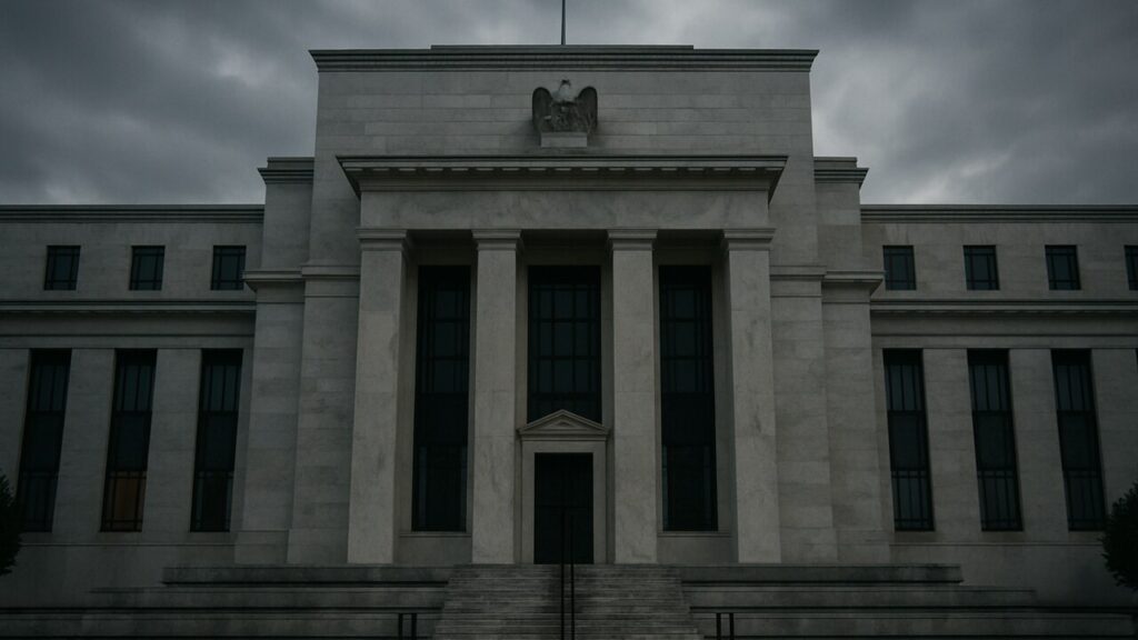 Het gebouw van de Amerikaanse Federal Reserve onder een bewolkte lucht, symbool voor de renteverwachtingen die de Bitcoin koers raken
