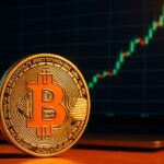 Fysieke Bitcoin-munt voor een scherm met een grafiek die na een groene stijging omslaat naar rood