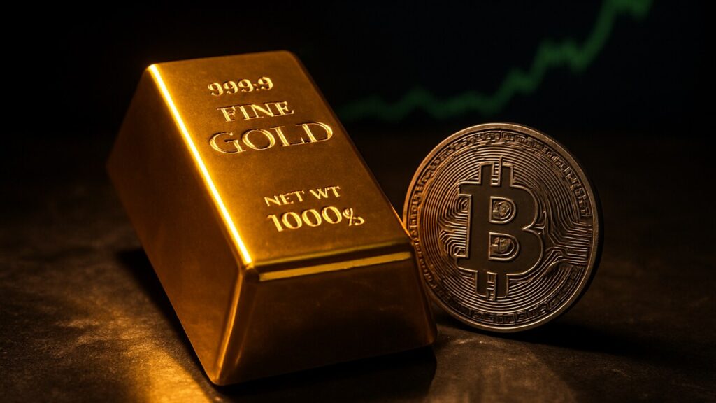 Een goudstaaf en een fysieke Bitcoin-munt naast elkaar onder warme belichting