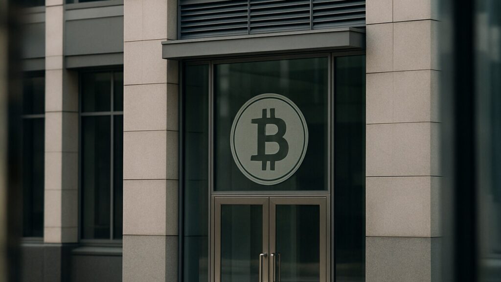 Modern kantoorgebouw met een Bitcoin-logo op een glazen entree, symbool voor grote institutionele houders