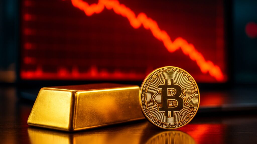 Een goudstaaf en een fysieke Bitcoin-munt naast elkaar, met op de achtergrond een rood dalende koersgrafiek op een scherm