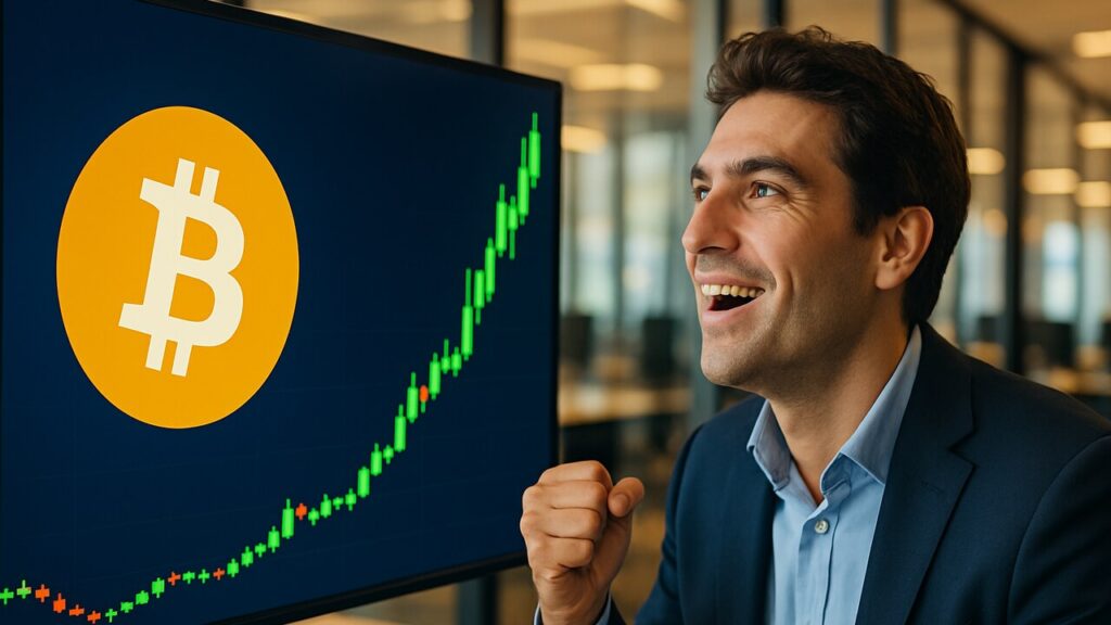 Steil stijgende groene Bitcoin koersgrafiek op een beeldscherm met een enthousiaste handelaar