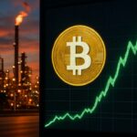 Bitcoin-koersbord met stijgende groene grafiek voor een olieraffinaderij, symbool voor Bitcoin dat standhoudt bij stijgende olieprijzen