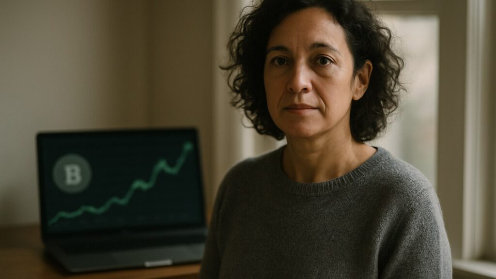 Vrouw in thuiskantoor kijkt rustig naar de camera met op de achtergrond een groene Bitcoin-koersgrafiek op een laptop