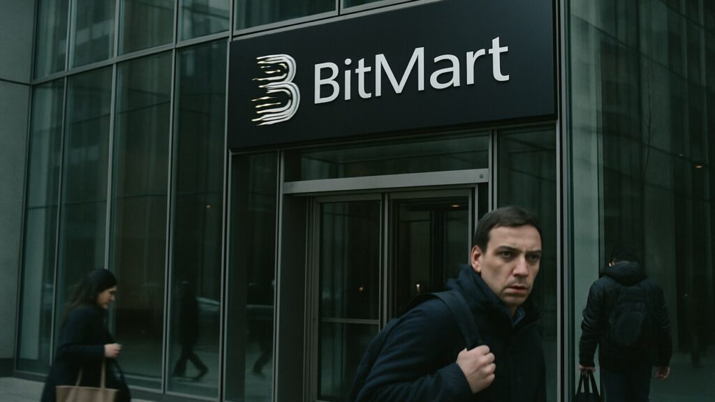 Modern kantoorgebouw met BitMart-logo op de gevel op een bewolkte dag, met voorbijgangers.