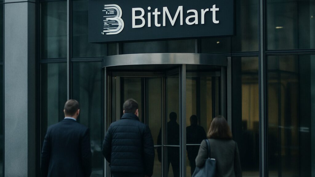 Ingang van een modern kantoorgebouw met het BitMart-logo op de gevel onder een bewolkte hemel