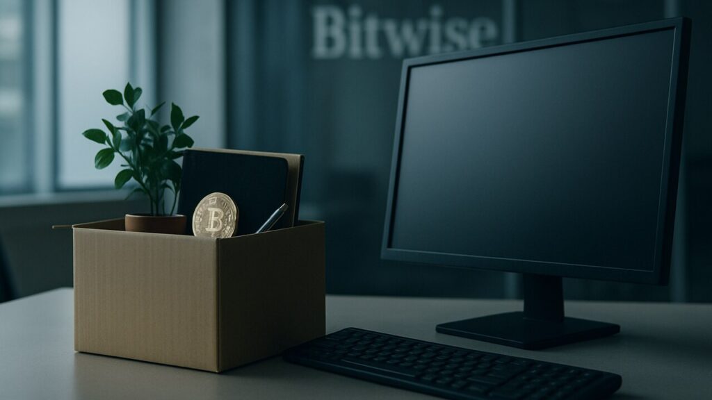 Leeggeruimd bureau met verhuisdoos in een crypto-kantoor, met vaag het Bitwise-logo op de achtergrond