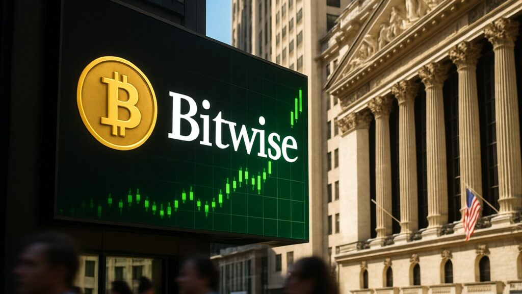 Bitwise-logo op een groot buitenscherm bij de beurs met een stijgende groene grafiek