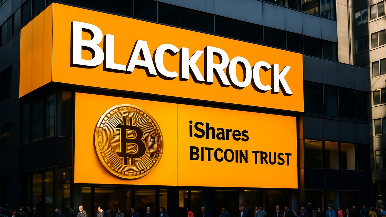 Het BlackRock-logo groot en herkenbaar op een gevel, symbool voor de verlaagde instapdrempel van zijn Bitcoin ETF