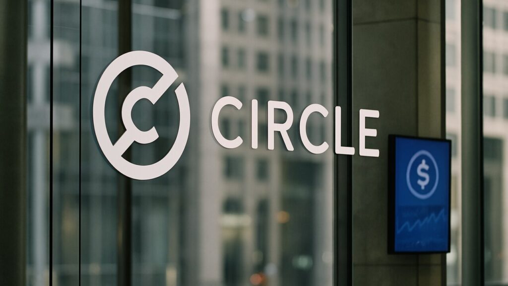 Het Circle-logo op een glazen kantoormuur, symbool voor de nieuwe trustlicentie voor USDC-uitgever Circle