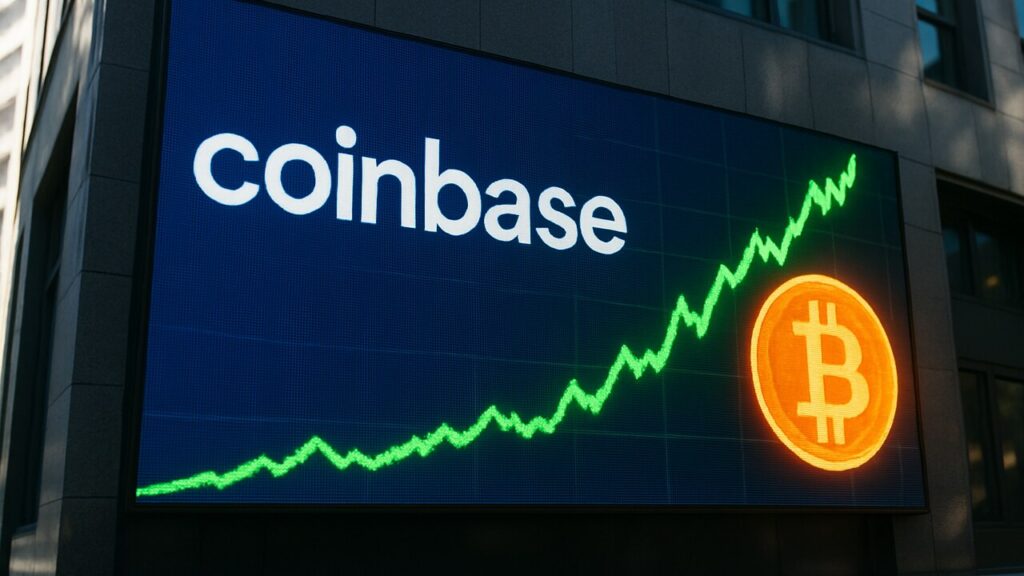 Coinbase-logo op een beursdisplay naast een stijgende groene grafiek en een Bitcoin-symbool
