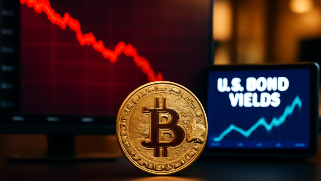 Bitcoin-munt voor een scherm met een rode dalende koersgrafiek en een tweede scherm met stijgende obligatierente