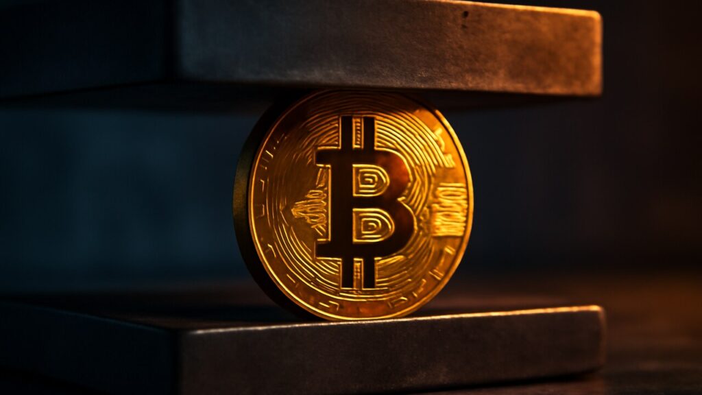 Een Bitcoin-munt tussen twee stalen platen die oplopende druk verbeelden