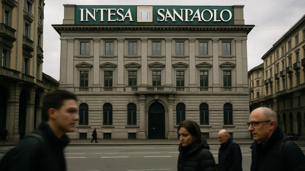 Het hoofdkantoor van de Italiaanse bank Intesa Sanpaolo met logo op de gevel