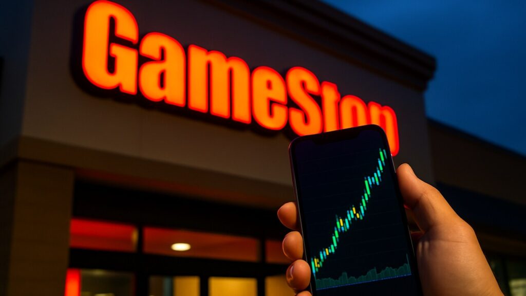 Verlichte GameStop-gevel met op de voorgrond een telefoon die een stijgende groene koersgrafiek toont