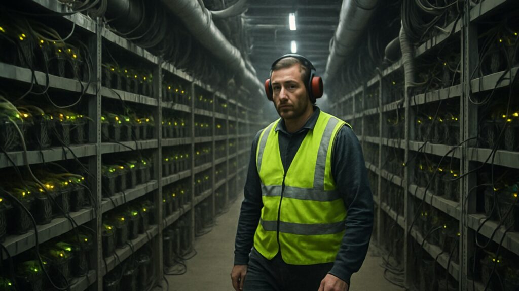 Technicus loopt door een Bitcoin-miningfaciliteit met lange rijen draaiende mijnmachines