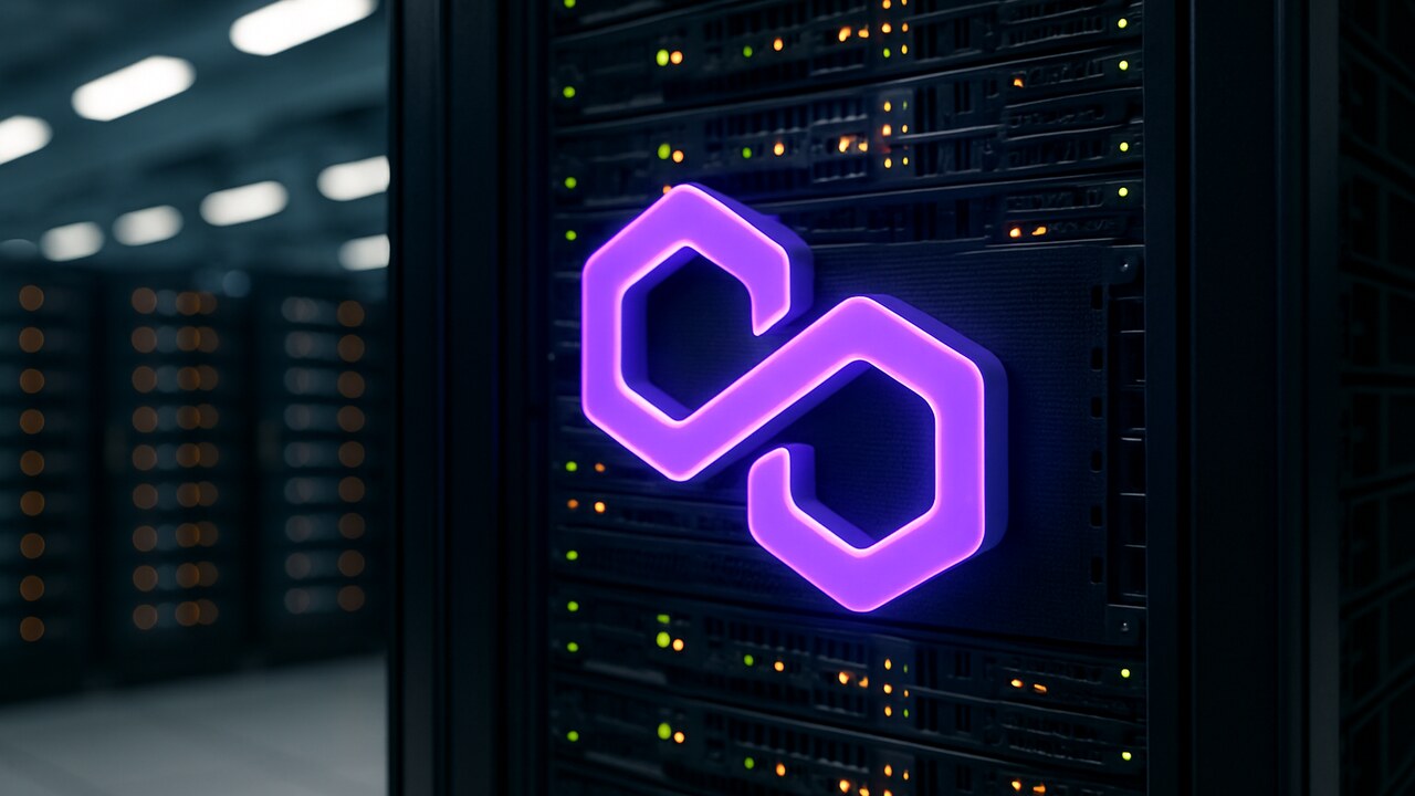 Het paarse Polygon-logo op een serverrek in een goed verlicht datacenter