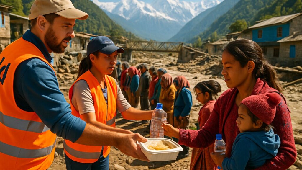 Hulpverleners delen maaltijden en drinkwater uit aan getroffen gezinnen in een door overstromingen verwoest dorp in Nepal