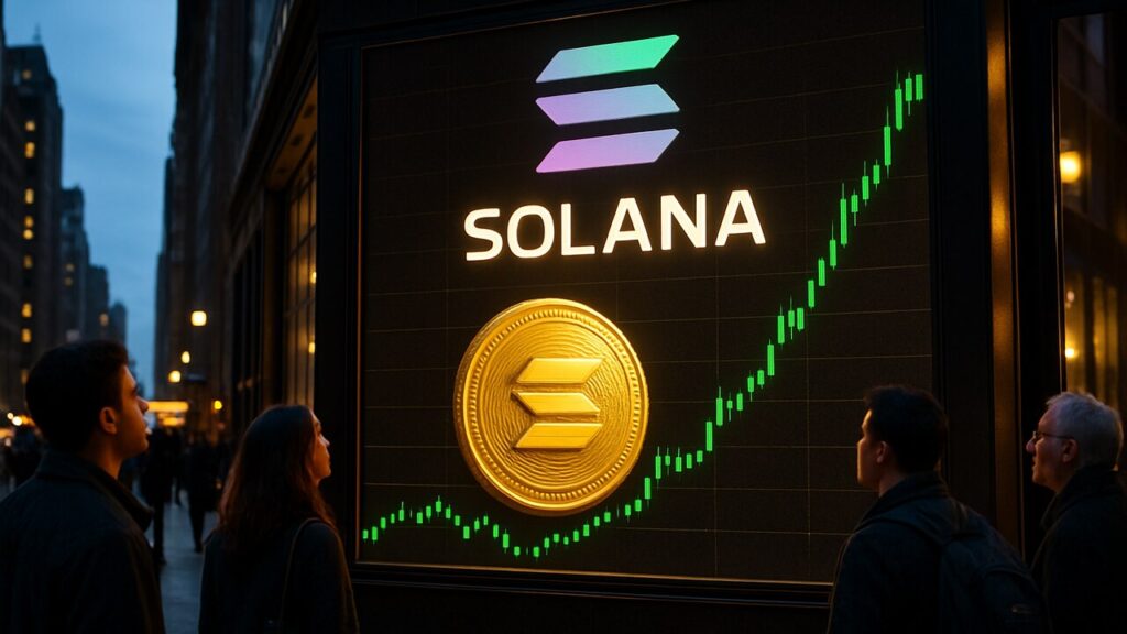 Groot straatscherm met het Solana-logo en een stijgende groene koersgrafiek