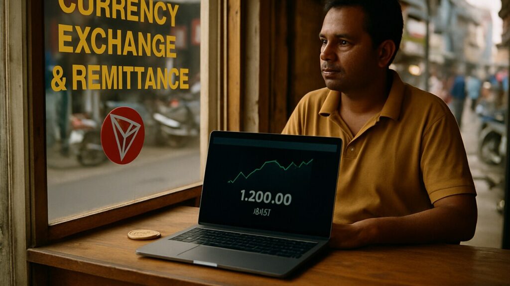 Wisselkantoortje in een drukke straat met een laptop met USDT-saldo en een Tron-logo op het raam
