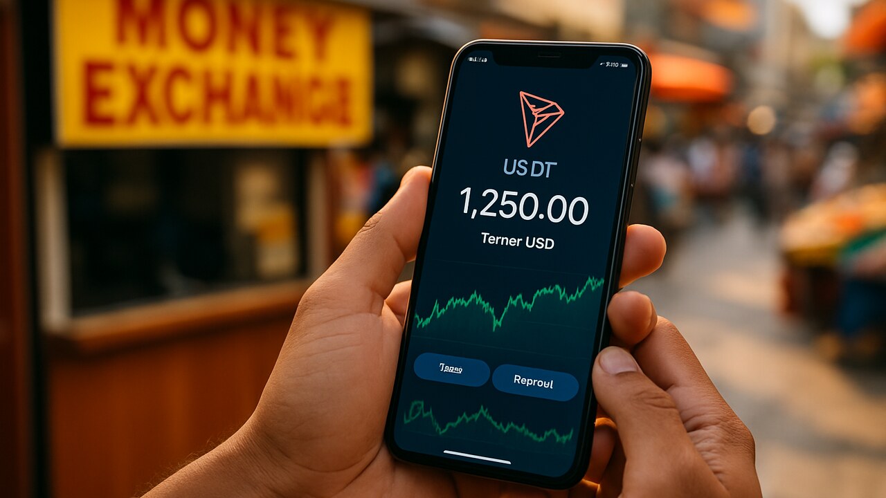 Handen met een smartphone waarop een USDT-saldo en het Tron-logo te zien zijn op een drukke markt