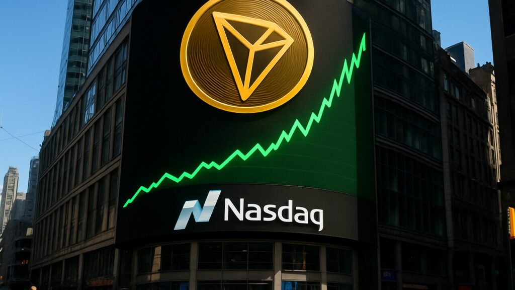 Groot digitaal scherm met TRON-logo en een stijgende groene grafiek op een beursgebouw aan een druk plein
